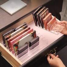 Organizador de maquillaje con cajones para paletas de sombras de ojos, polvos y separadores transparentes, caja de almacenamiento de plástico con soporte de exhibición de cosméticos para colorete en el escritorio, para vacaciones en la playa, colección de baño, colección de dormitorio, gran capacidad