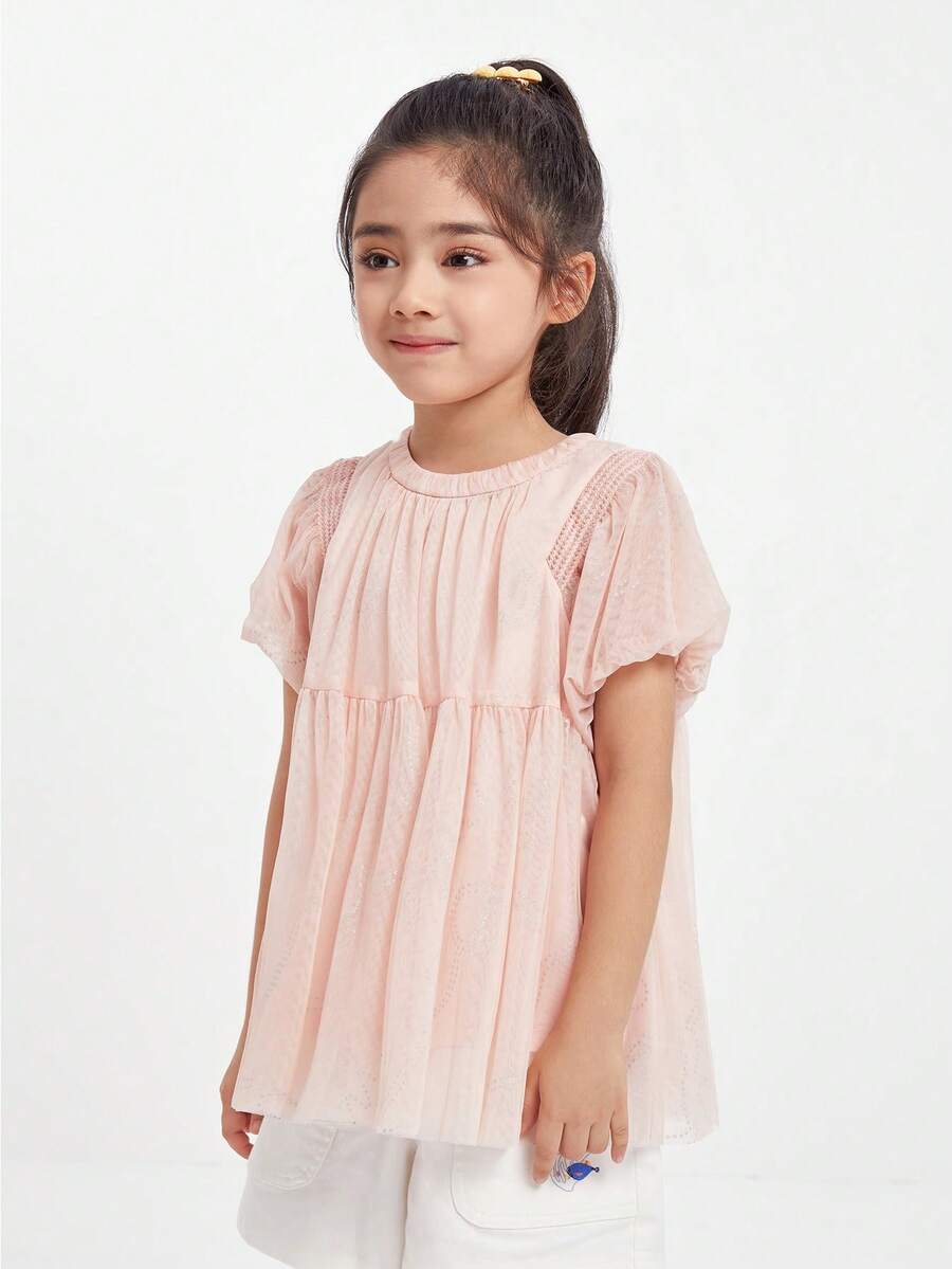 Annil Áo thun trẻ em mùa hè giải trí ngọt ngào cổ tròn lưới phồng tay ngắn cho bé gái tuổi teen áo phông màu hồng - Hồng - Xem 1