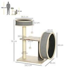 PawHut Kratzbaum mit Laufrad Katzenkiste Kletterbaum für Katzen mit Katzenball Spielzeug Sisal Plüsch Natur 59,5 x 45 x 91 cm - Verschiedenfarbig - Übersicht 3