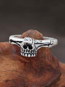 1個復古哥德式骷髏造型鋼戒指,男士朋克搖滾風格戒指,非常適合派對使用 - 復古銀色 - 查看 5