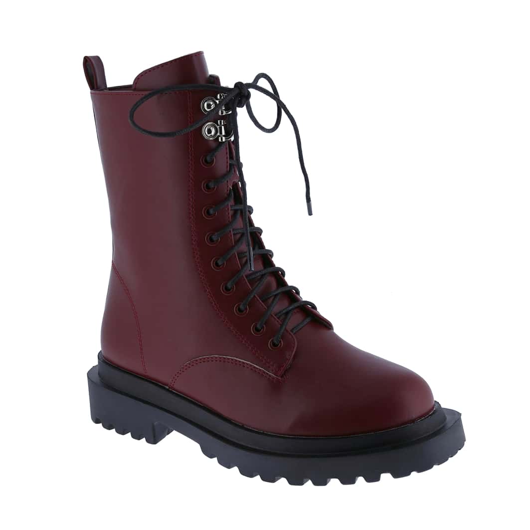 BELOVELY【Set-1】Lace-up Combat Platform Boots for Women High Ankle Booties, Thin Lace - 酒紅色 - 查看 1