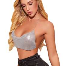 Crop Top Pedrería Blusa Brillante Camiseta Tirante Fiesta - Plateado - Ver 6