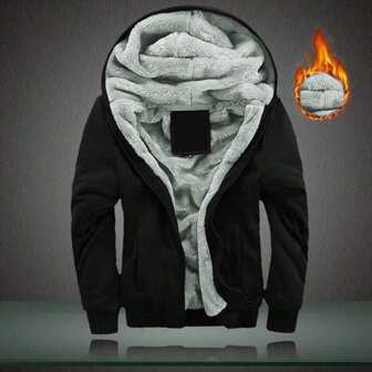 男友风格男士冬季加厚连帽毛衣夹克，保暖纯色运动连帽衫，带保暖内衬健身服男友风格男士