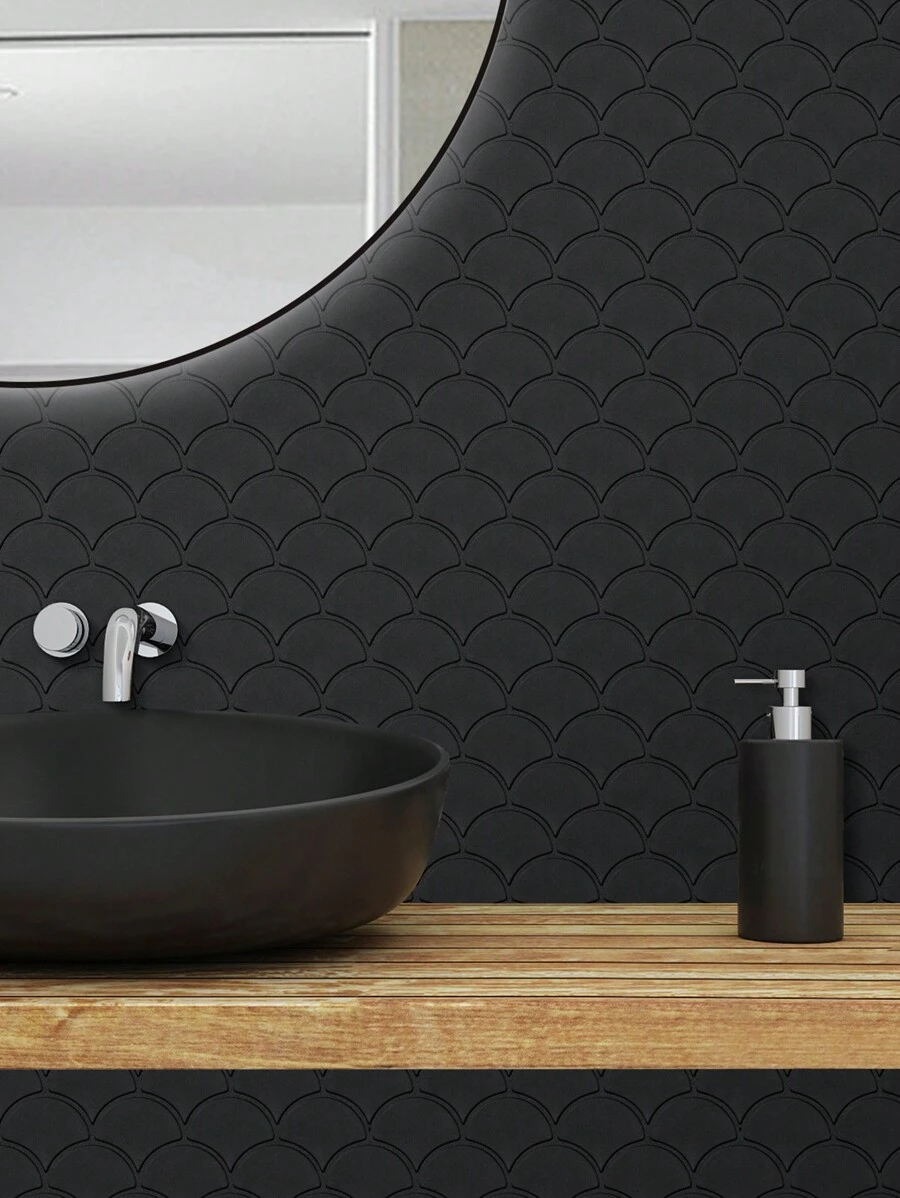 Black Fishscale Ceramic Wall Tile, Stick on Tiles Kitchen Backsplash (Thicker Design) - Black - View 1