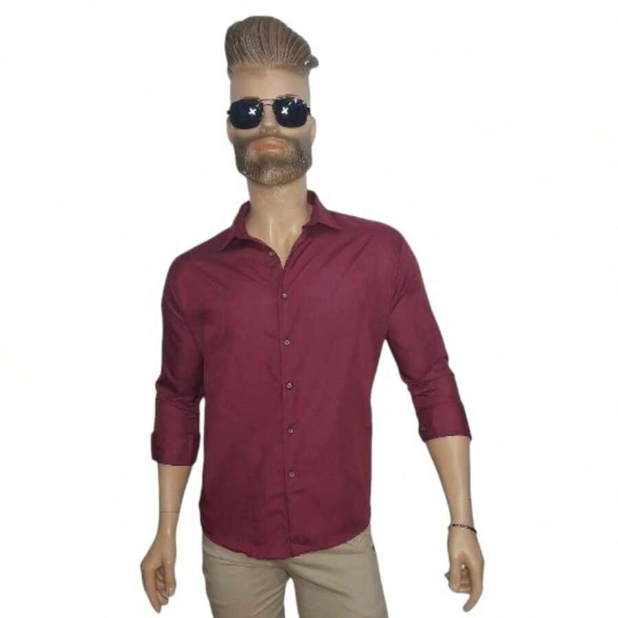 Men's Long Sleeve Slim Fit Casual Shirt With Sport Collar - Red Violet - View 1
