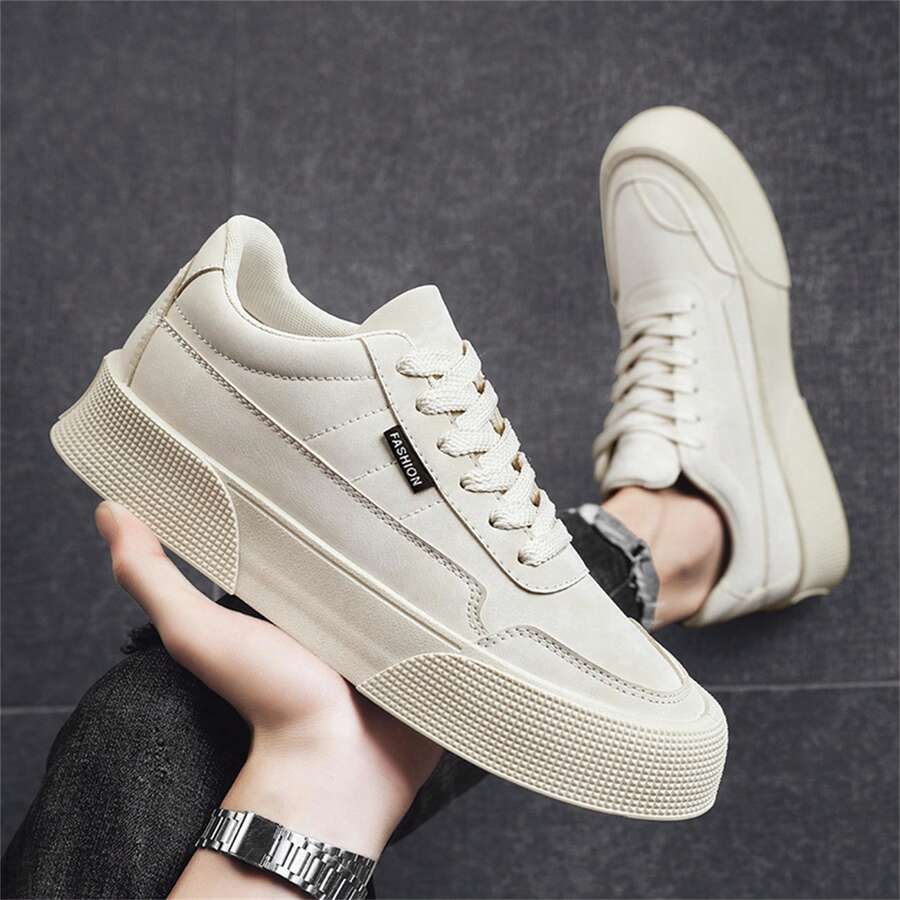 Breathable Student Platform Sneakers, Round Toe Lace-up Casual Shoes For Men And Boys, Skateboarding & Anti-slip & Wear-resistant Work Shoes - Beige - View 1
