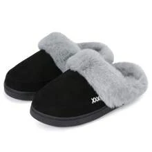 NineCiFun Men and women's home plush lining with suede upper, rubber sole slippers for warmth and comfort, thick sole indoor and outdoor slippers - 黑色 - 查看 1