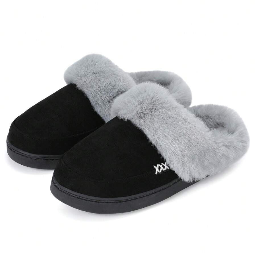 NineCiFun Men and women's home plush lining with suede upper, rubber sole slippers for warmth and comfort, thick sole indoor and outdoor slippers - 黑色 - 查看 1