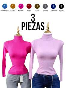 Paquete de 3 piezas blusa termica cuello de tortuga para mujer de manga larga, tejido canalé, unitalla colores al azar - Multicolor - Ver 1