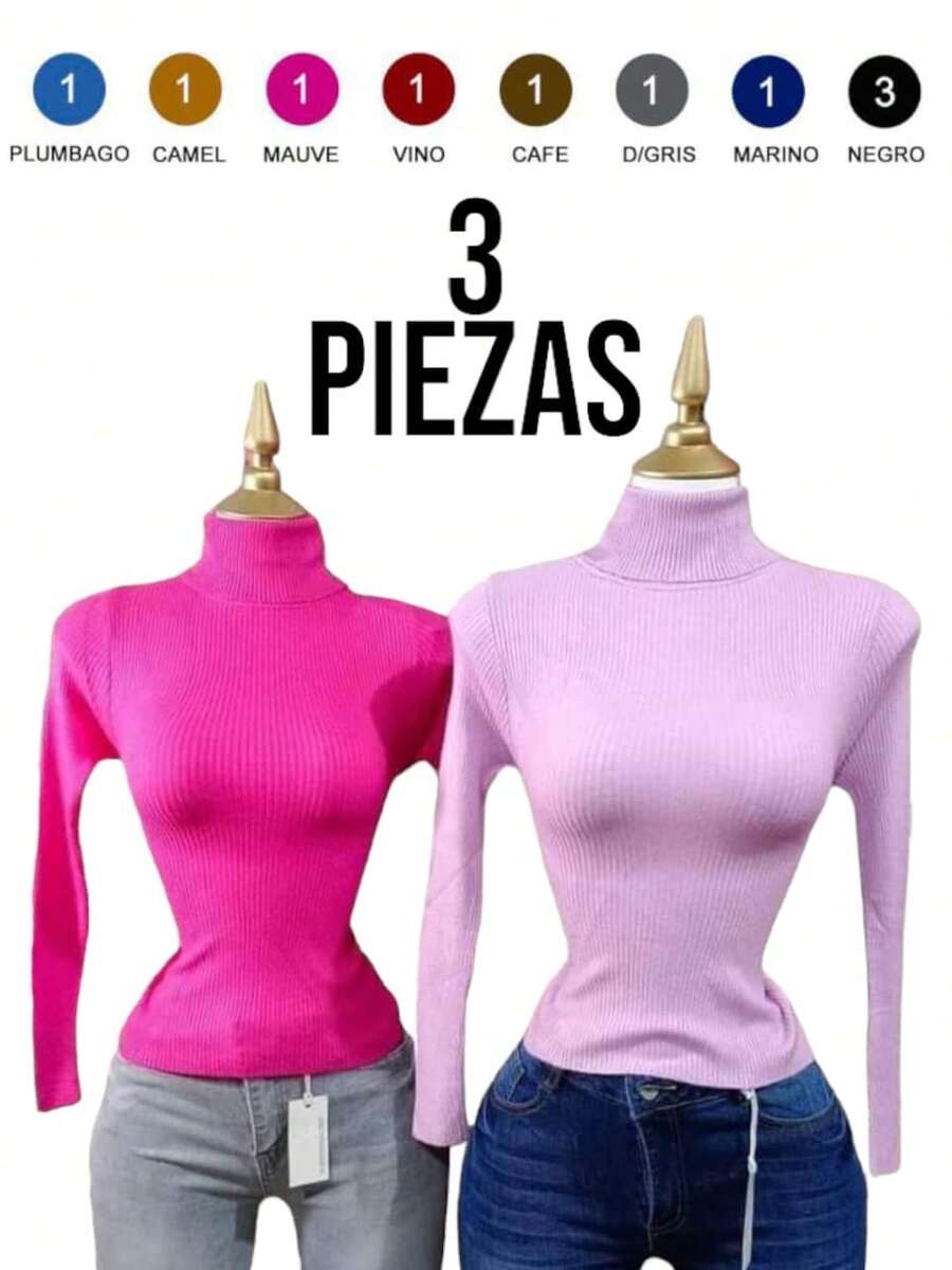 Paquete de 3 piezas blusa termica cuello de tortuga para mujer de manga larga, tejido canalé, unitalla colores al azar - Multicolor - Ver 1
