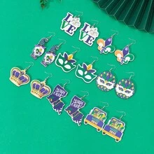 8 Unids/set De Pendientes De Madera Estilo Carnaval Con Diseño De Árbol, Corona, Máscara, Letra Y Enano Morado, Amarillo Y Verde - Multicolor - Ver 1