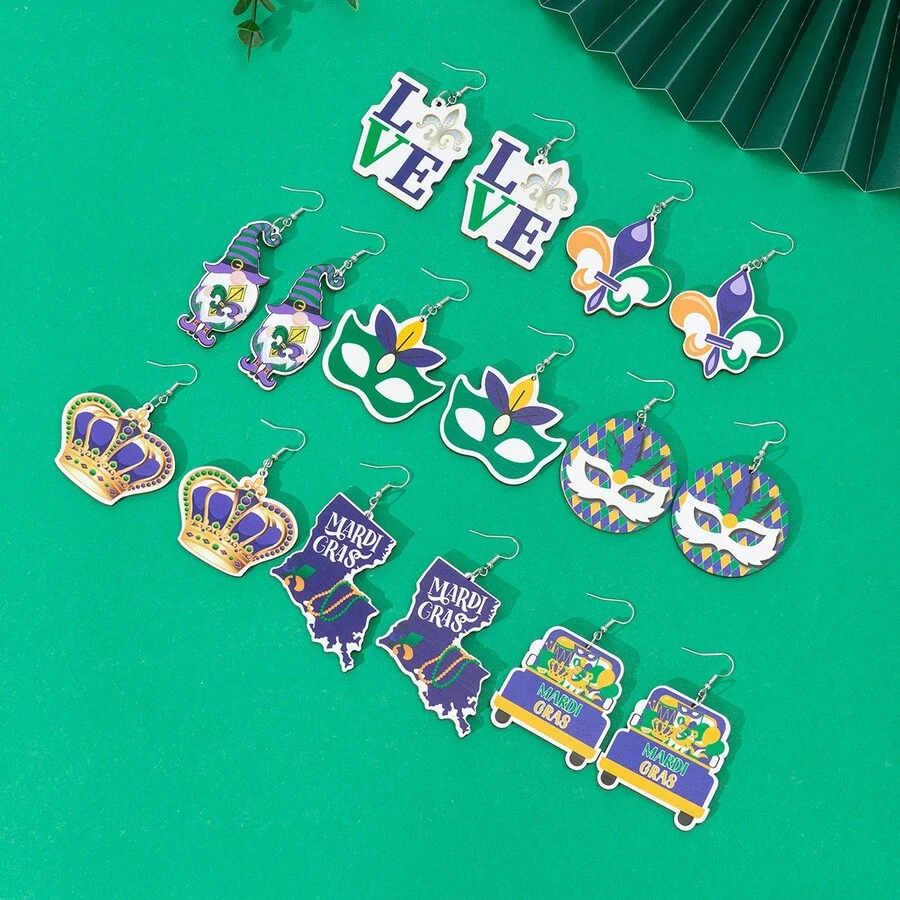 8 Unids/set De Pendientes De Madera Estilo Carnaval Con Diseño De Árbol, Corona, Máscara, Letra Y Enano Morado, Amarillo Y Verde - Multicolor - Ver 1