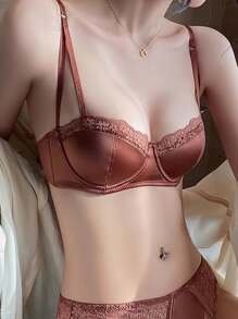 超薄女士内衣套装专为大胸围设计，配有钢圈、聚拢和法式半罩杯文胸，非常适合夏季内衣 - 紅色 - 查看 2