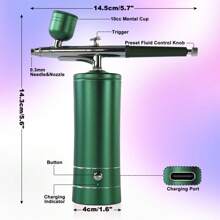 Súng phun, Bộ dụng cụ phun sơn có máy nén - Bộ cọ phun sơn áp suất cao không dây có thể sạc lại 48PSI không bị tắc nghẽn với vòi phun 0,3mm và bộ cọ vệ sinh dùng cho nghệ thuật làm móng, sơn, trang trí bánh - màu xanh lá - Xem 4