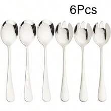 Baltens 6Pcs Salad Spoon Fork Gold Salad Spoon Stainless Steel Cutlery Set Colorful Serving Spoons Kitchen Salad Utensils Tableware - Silver - View 1