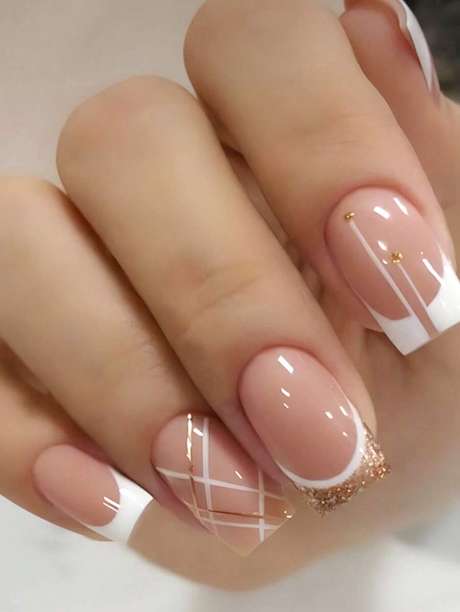 Upgrade Your Look 24pcs Square Shaped French Geometric & Stripe Pattern Nail Wraps Suitable For Women And Girls, Long Pressed Nails Nail Supplies