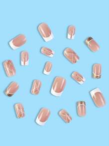 Upgrade Your Look 24pcs Square Shaped French Geometric & Stripe Pattern Nail Wraps Suitable For Women And Girls, Long Pressed Nails Nail Supplies