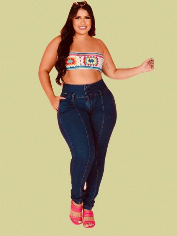 calça jeans feminina skini cos alto com lycra premium lavagem escura tres botoes plus size