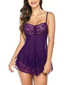 Pijama Babydoll De Lencería Sexy Para Mujer Con Correas Ajustables - Morado - Ver 6