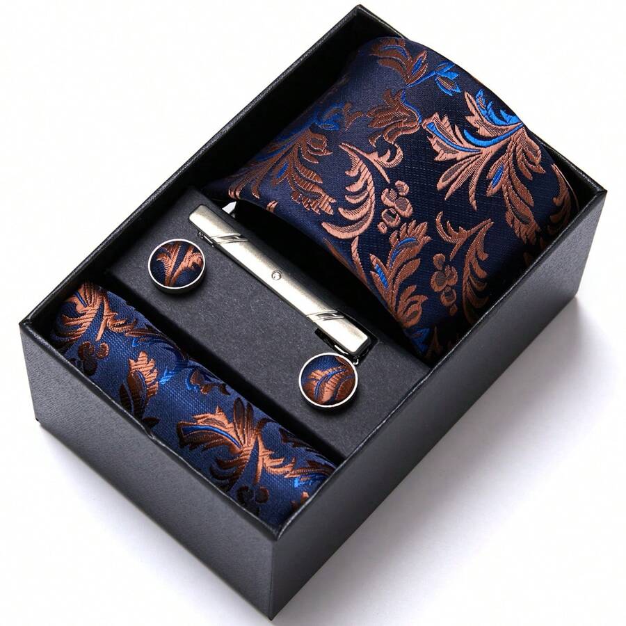 AlanKing 1 Set Krawatte, Einstecktuch und Manschettenknöpfe Geschenkbox für Herren; klassische Paisley Krawatte (7,5 cm), geeignet für Feiertage, Hochzeiten, Arbeit Herrenkrawatte - Bronze - Übersicht 1