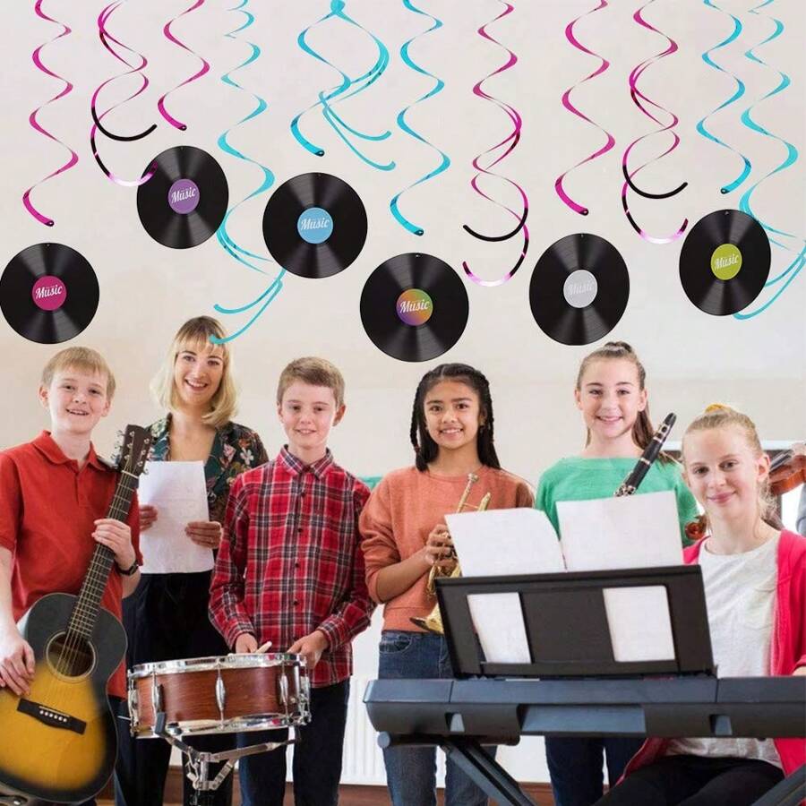 1袋6入掛式音樂唱片造型裝飾,適用於主題派對 - 黑色 - 查看 1