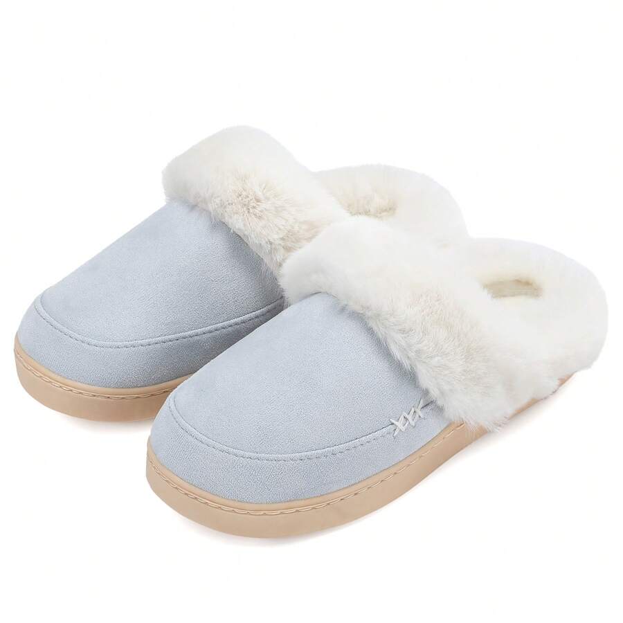 NineCiFun Men and women's home plush lining with suede upper, rubber sole slippers for warmth and comfort, thick sole indoor and outdoor slippers - 藍色 - 查看 1