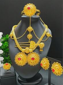 1 件項鍊、1 對耳環、1 件手鍊、1 件戒指、1 件髮夾、1 件頭鍊 - 6 件/套珠寶套裝適合婚禮、派對和日常佩戴、禮物 - 金黃色 - 查看 7