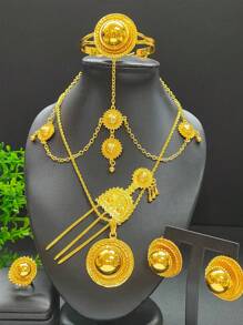 1 件項鍊、1 對耳環、1 件手鍊、1 件戒指、1 件髮夾、1 件頭鍊 - 6 件/套珠寶套裝適合婚禮、派對和日常佩戴、禮物 - 金黃色 - 查看 5