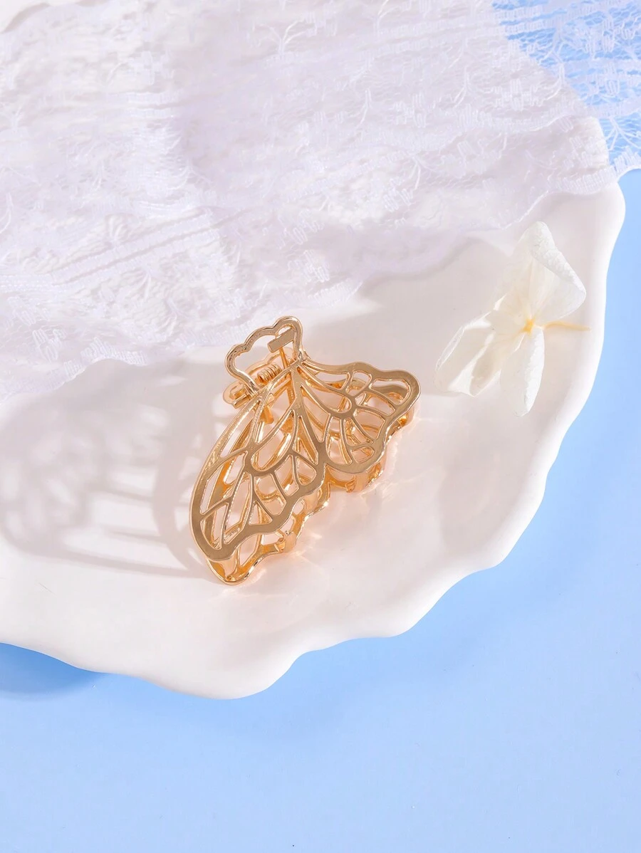 1入時尚金色中號空心蝴蝶設計扣髮夾，女性適用於日常佩戴