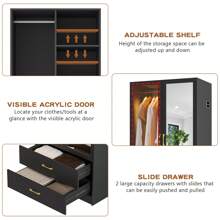 Lvifur 63" Armoire Wardrobe Closet With Auto Sensor LED,3-Color Dimmable LED Armoire With Full Length Mirror,Armoire Storage Cabinet With Acrylic Door,4-Tier Adjustable Shelf,2 Drawers