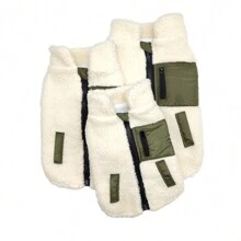 1pc Beige Fleece Lambswool Zipper Pocket Patchwork Pet Jacket Suitable For Cats/Small Dogs Autumn Winter Outdoor Warm Coat - Beige - View 4