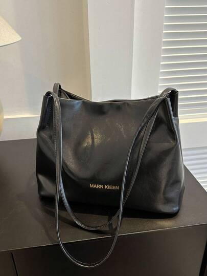 复古百搭大容量女士单肩包，流行 PU 油皮纹理手提包，复古风女士复古包