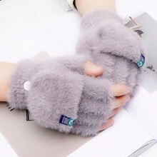 1 雙女毛絨冬季手套露指手套保暖保暖戶外折疊手套 - 淺灰色 - 查看 1