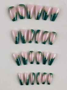 Uñas Postizas Con Decoración De Color Verde Jade Y Diamantes De Imitación, Puntas De Uñas Artificiales Prefabricadas Para Manicura - Multicolor - Ver 2