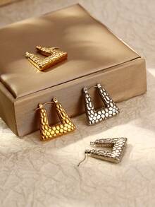 1對不銹鋼方形紋理耳環 - 金黃色 - 查看 1