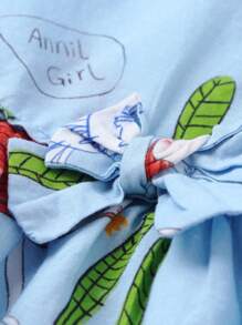 Annil Young Girl Dress Summer Cartoon Print Bow Decorated Round Neck Short Sleeve Dresses Blue