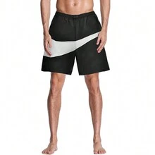 Men's Drawstring Waist Printed Sports Elastic Shorts - Black and White - View 4
