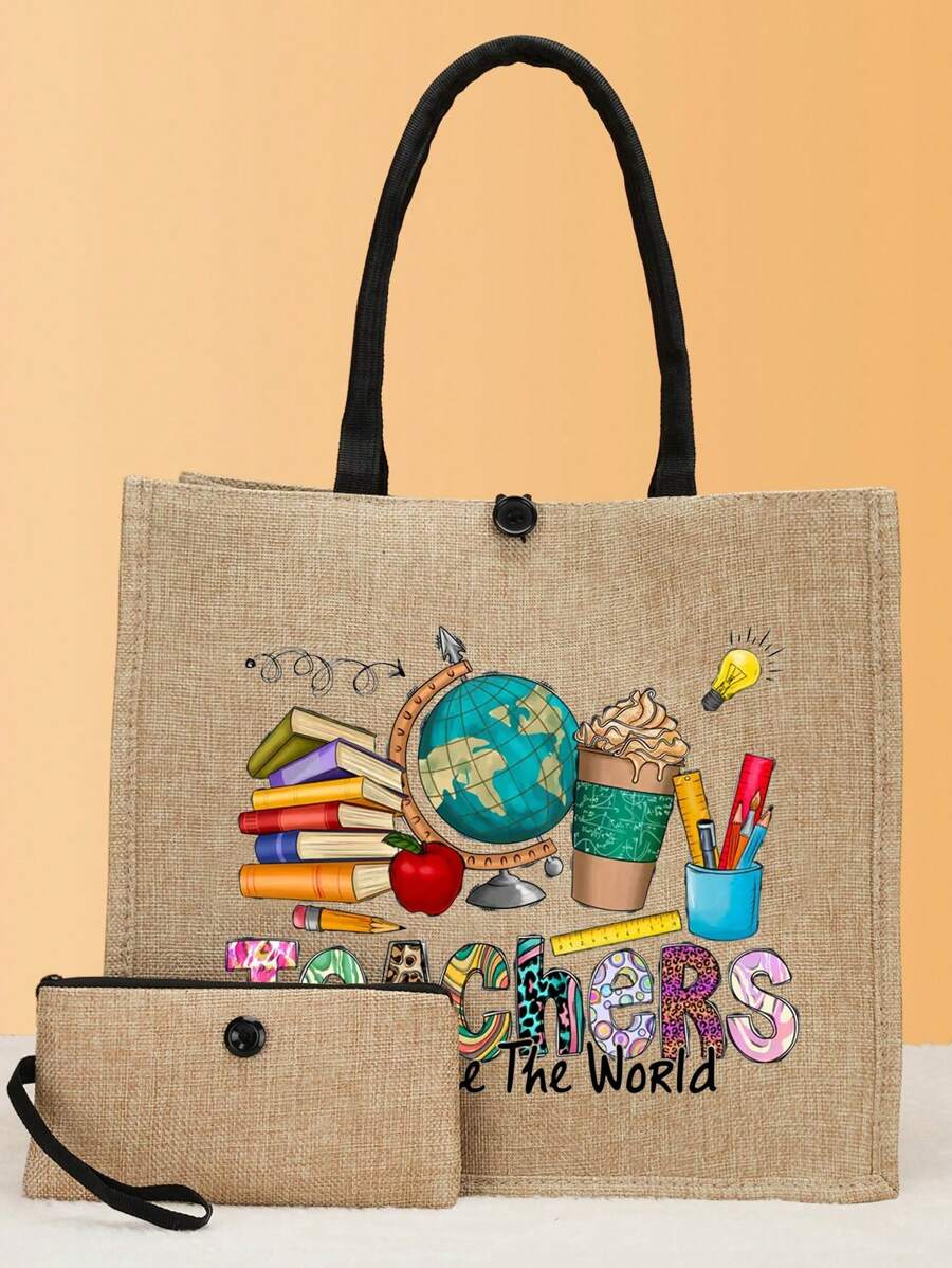 Sacola De Presente Para O Dia Do Professor, Conjunto De Sacola Impressa Com 2 Peças, Bolsa Leve Com Porta-moedas Para Compras E Viagens - Caqui - Visão 1