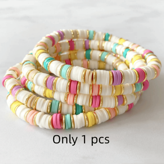 1 件波西米亞風格女彈性手鍊,採用彩色 6 毫米軟陶瓷圓珠製成,馬卡龍色海灘風格