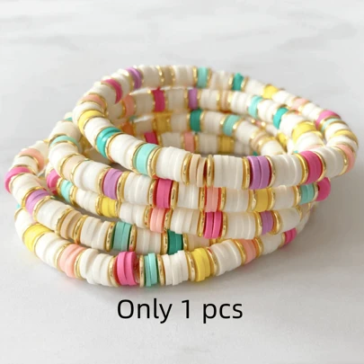 1 件波西米亞風格女彈性手鍊,採用彩色 6 毫米軟陶瓷圓珠製成,馬卡龍色海灘風格