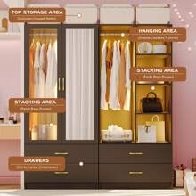 Lvifur 63" Armoire Wardrobe Closet With Auto Sensor LED,3-Color Dimmable LED Armoire With Full Length Mirror,Armoire Storage Cabinet With Acrylic Door,4-Tier Adjustable Shelf,2 Drawers