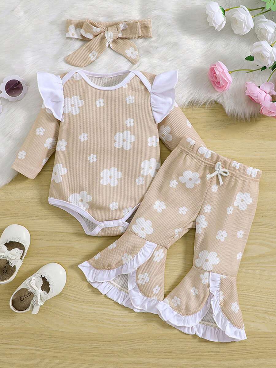 3 件套女婴花卉荷叶边连体衣、喇叭裤和头带套装 - 卡其色 - 查看 1