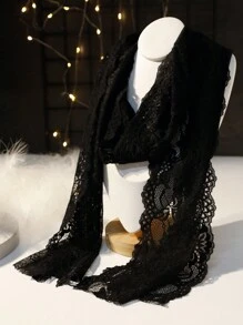 1條女式復古休閒圍巾,帶蕾絲邊,黑色,長150cm,適合跳舞或日常穿著優雅 - 黑色 - 查看 1