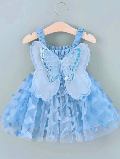 一件可爱、甜美、优雅、奢华的多色3D蝴蝶网纱薄纱吊带连衣裙，蓬蓬裙，适合女婴参加派对/生日/节日穿着，四季皆宜