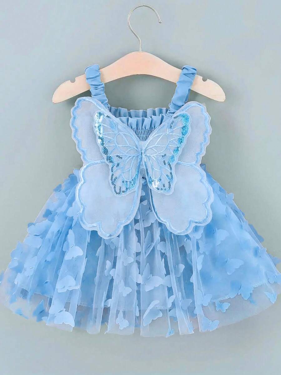 一件可爱、甜美、优雅、奢华的多色3D蝴蝶网纱薄纱吊带连衣裙，蓬蓬裙，适合女婴参加派对/生日/节日穿着，四季皆宜 - 藍色 - 查看 1