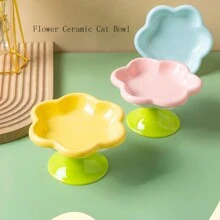 Ceramic Cat Bowl With Flower Design, Elevated To Protect Cat's Neck, Suitable For Dry And Wet Pet Food, One Piece, Random Color - Multicolor - View 1
