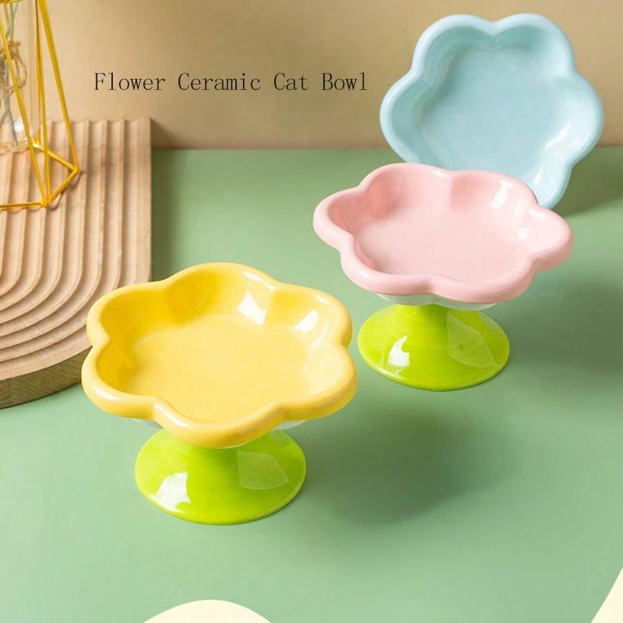Ceramic Cat Bowl With Flower Design, Elevated To Protect Cat's Neck, Suitable For Dry And Wet Pet Food, One Piece, Random Color - Multicolor - View 1