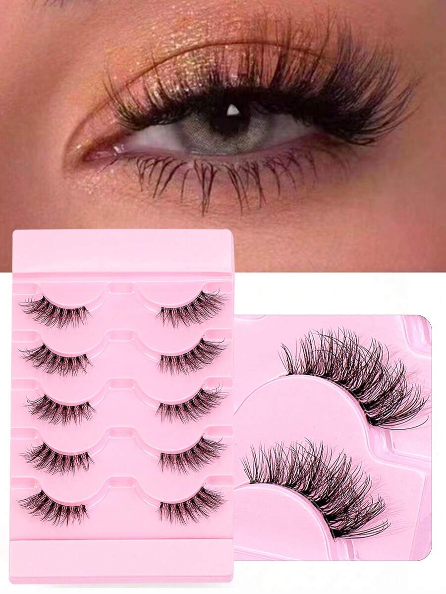 Half Eey Lashes 5 对仿貂皮睫毛天然猫眼睫毛，蓬松纤细透明茎可重复使用假睫毛自然蓬松化妆工具延长假睫毛条状睫毛，睫毛，睫毛，假睫毛 - 眼尾拉長款 - 查看 1