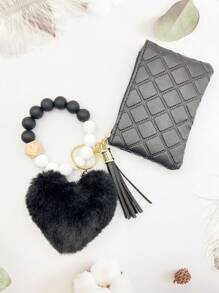 1入組pu皮製女士錢包風格的錢包和手拿包與鑰匙扣,1入組矽膠珠裝飾手帶匙扣,1入組毛絨心形球掛飾,和1入組車內懸掛裝飾。完美的新年禮物！ - 黑色 - 查看 4