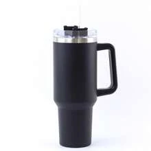 1 Taza Negra Para Automóvil Con Mango Sencillo, Gran Capacidad, Taza De Agua Para Picnic Con Pajita Y Hielo De Acero Inoxidable